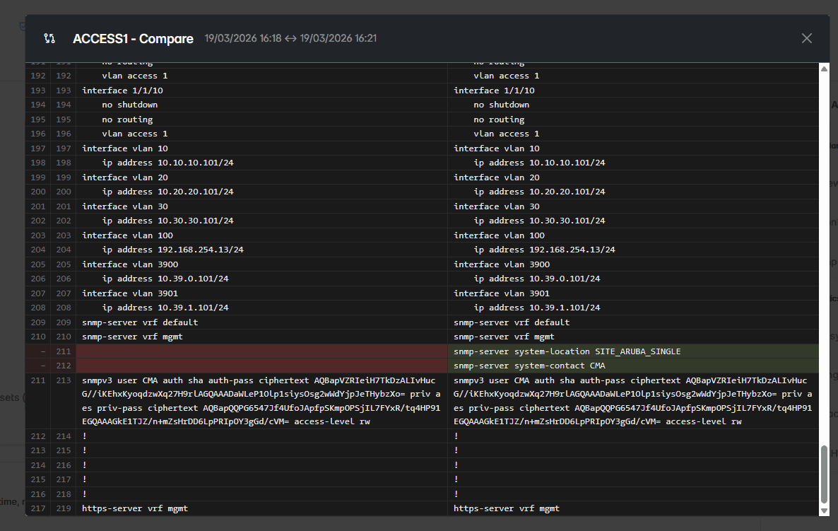 ConnectMyAssets, comparaison de différences de configuration