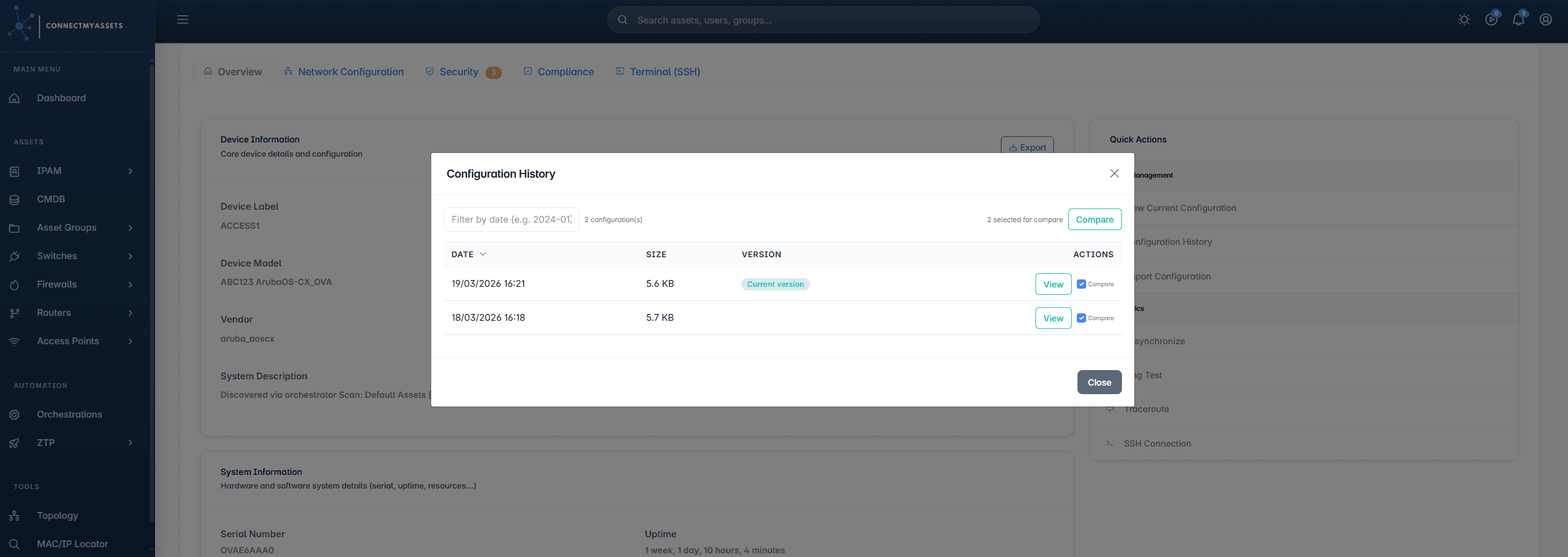 ConnectMyAssets, historique des versions de configuration