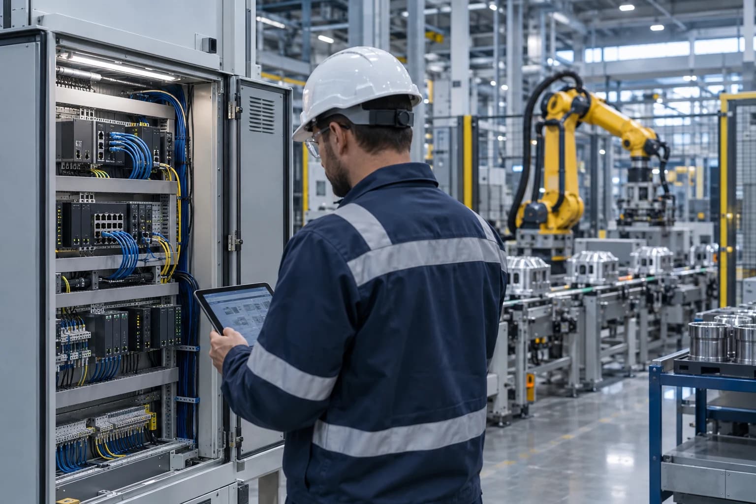 Technician inspecting a network cabinet on a factory floor
