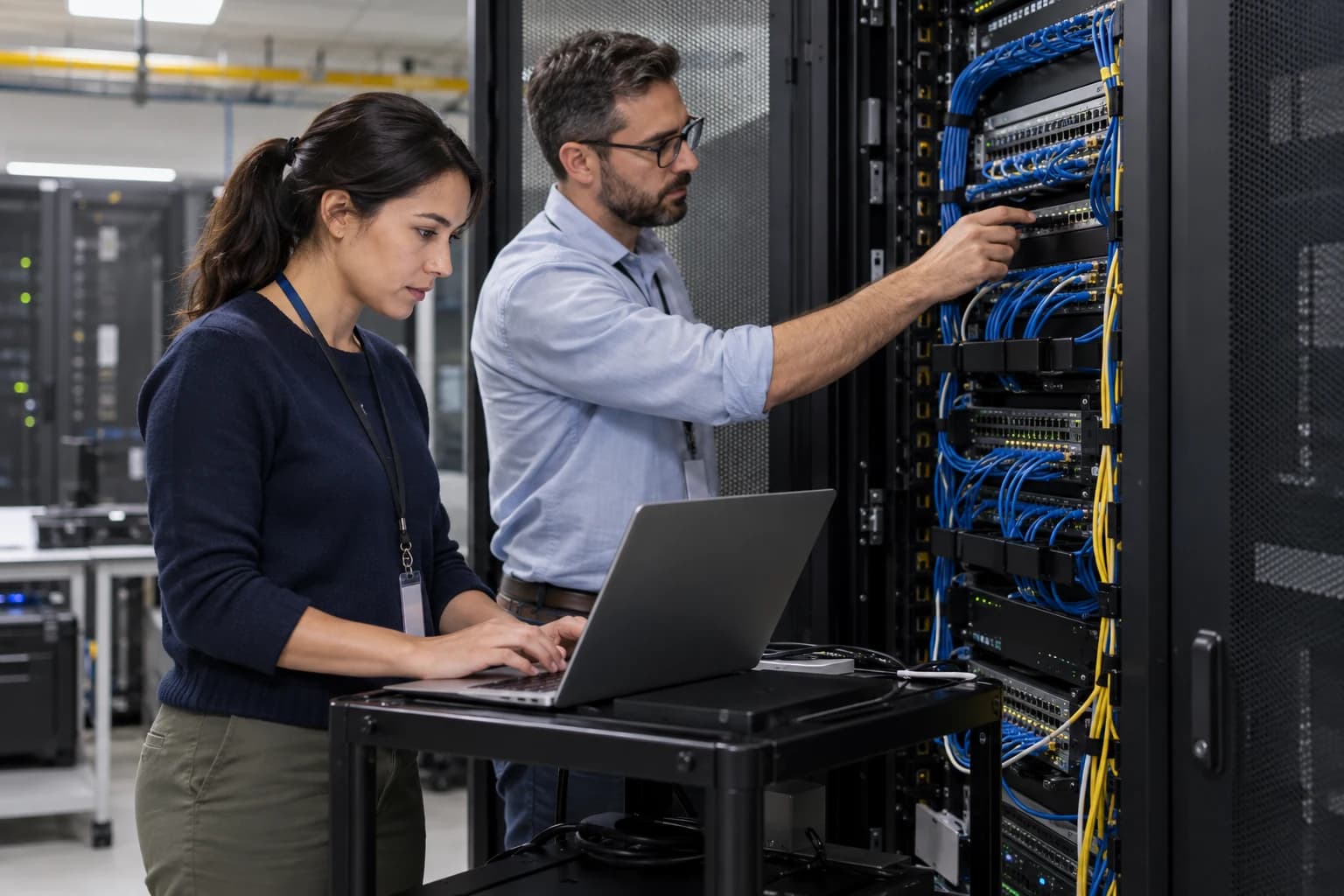 Network engineers working at an equipment rack